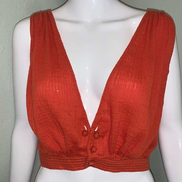 Free People Red Tangerine Orange Boho V- Neck Crop Top - Picture 1 of 9